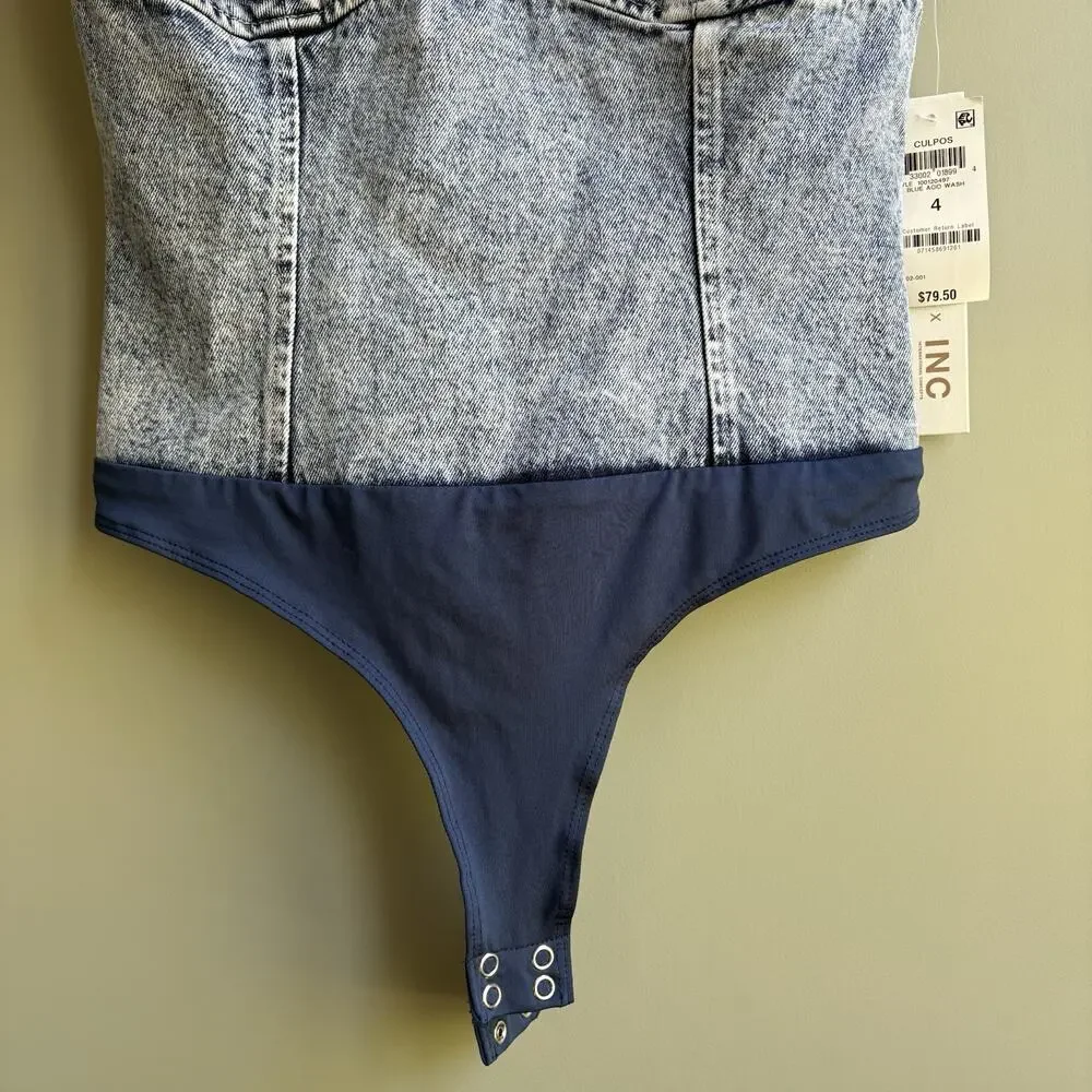 New CULPOS x INC Denim Sleeveless Bodysuit Acid Wash Y2K Festival Retro 90s Sz 4 - Picture 6 of 13